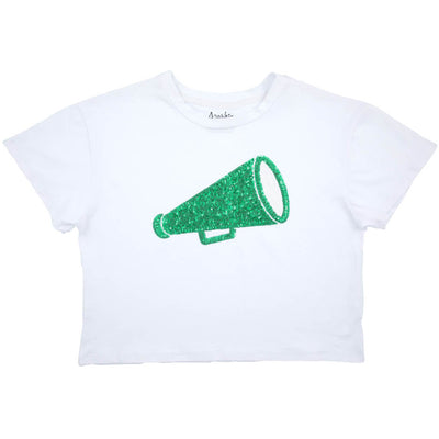 Sequin Megaphone in Green on Boxy T’ in White