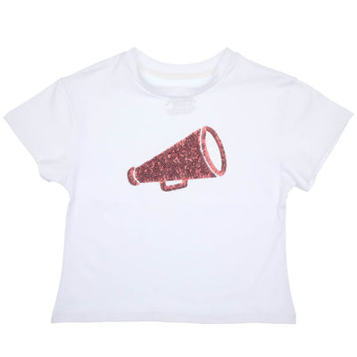 Sequin Megaphone in Maroon on Boxy T’ in White