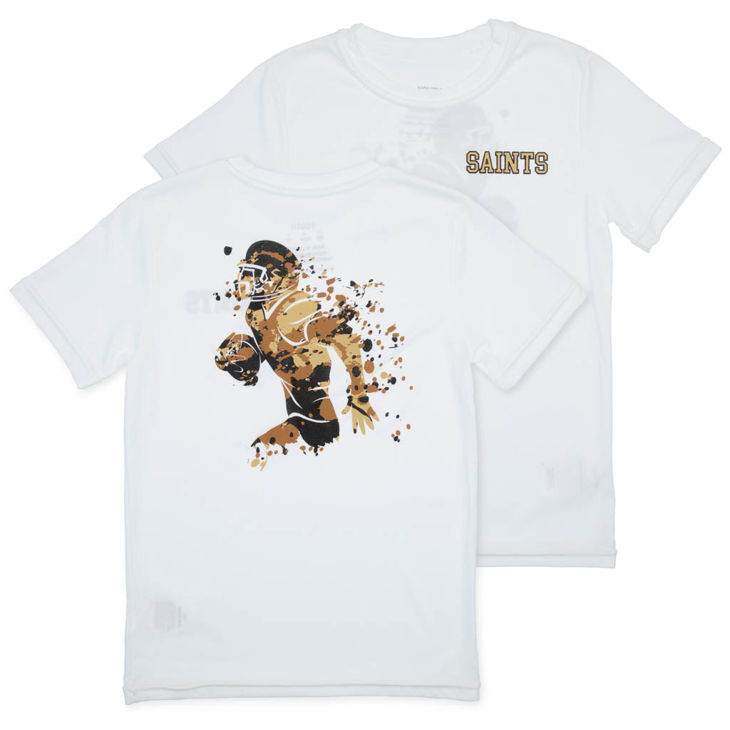 Watercolor football player on White Dri Fit Saints Shirt