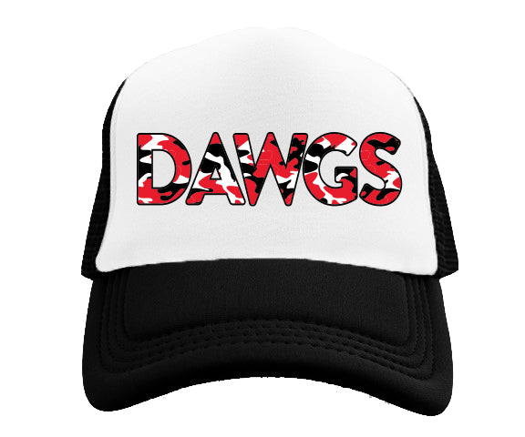 Red Black Dawgs Camo Screen Print on Black Trucker