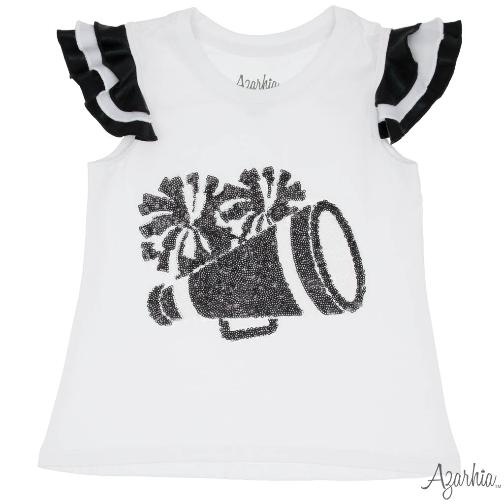 Shimmer Ruffle Sleeve Sequin Cheer in Black