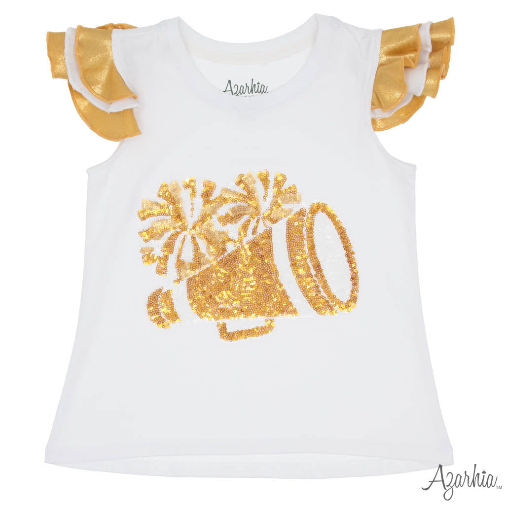 Shimmer Ruffle Sleeve Sequin Cheer in Gold