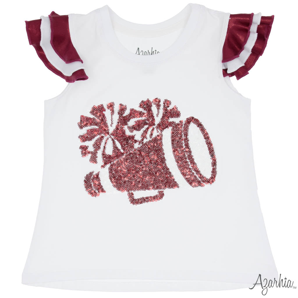 Shimmer Ruffle Sleeve Sequin Cheer in Maroon