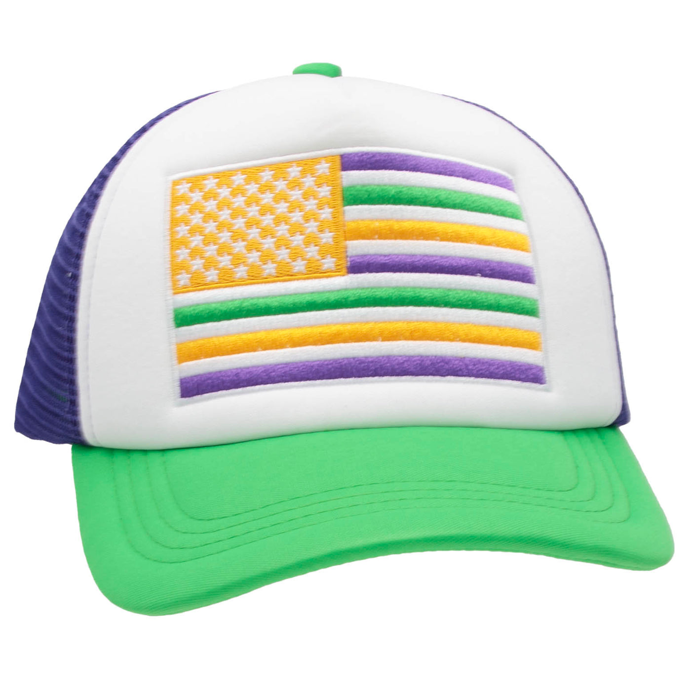 Mardi Gras Embroidered American Flag Green Purple Trucker MG26