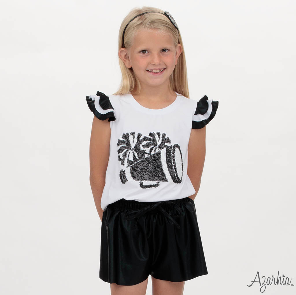 Shimmer Ruffle Sleeve Sequin Cheer in Black