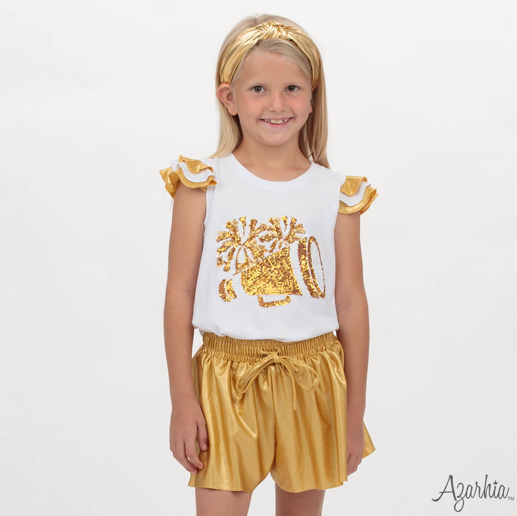 Shimmer Ruffle Sleeve Sequin Cheer in Gold