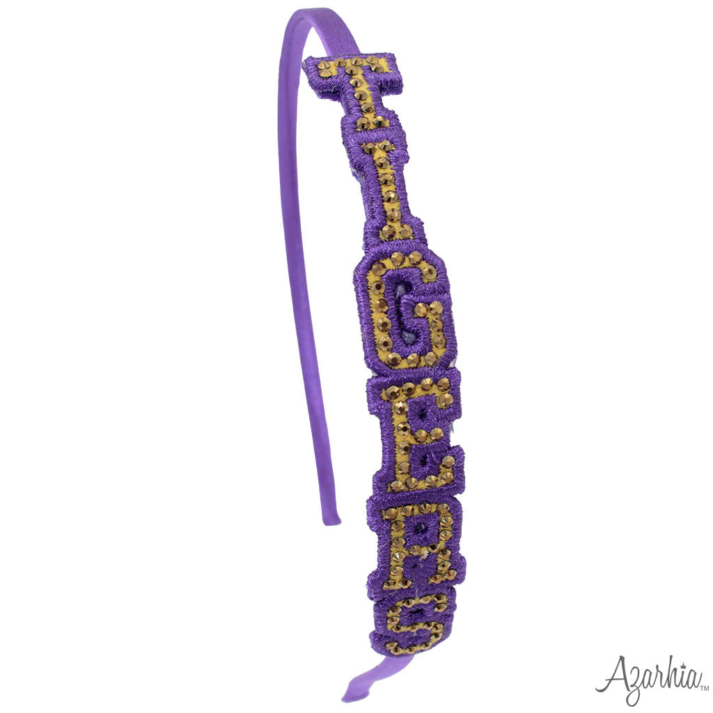 TIGERS purple gold written out Rhinestone Patch Headband game da