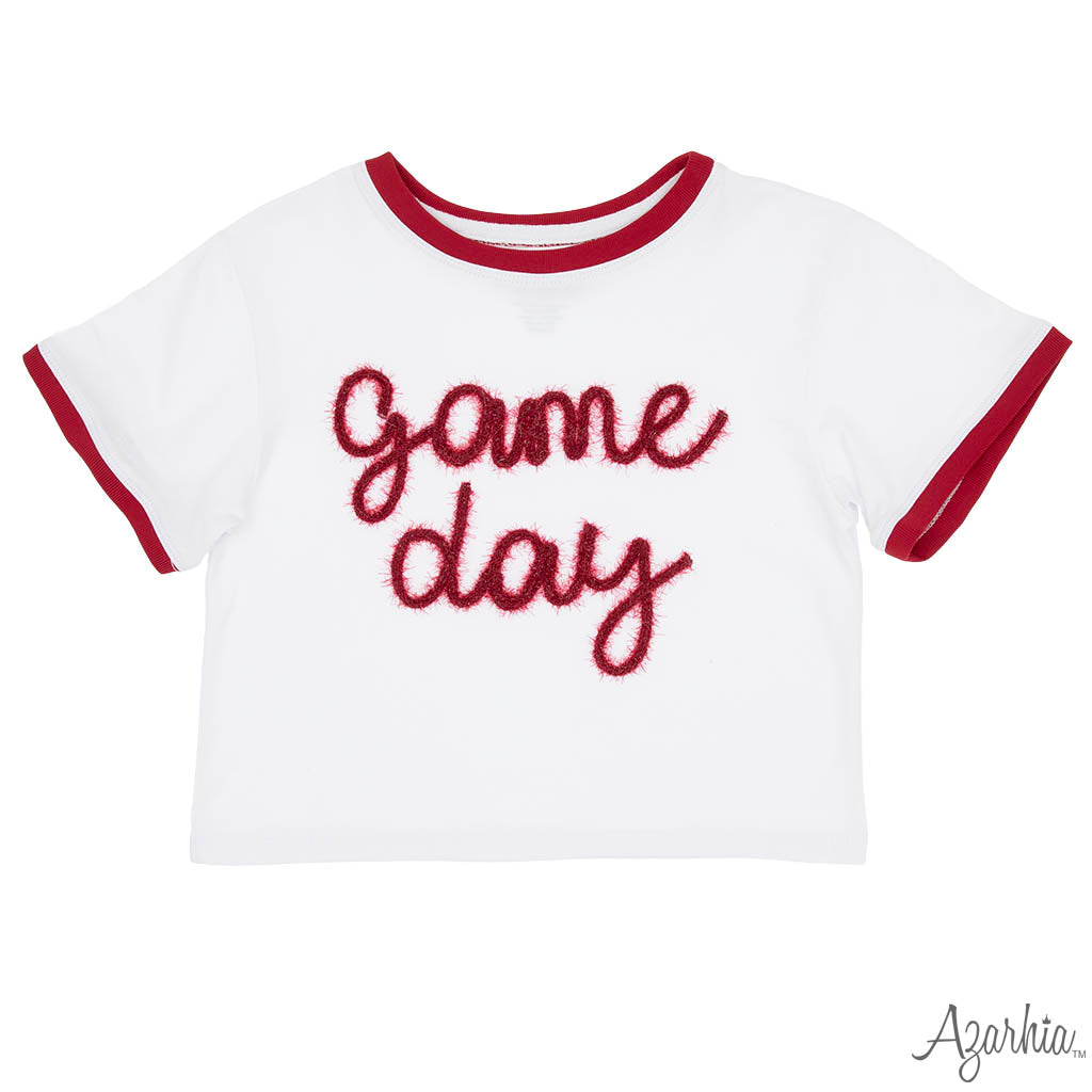 Tinsel Game Day Ringer Boxy T' Crimson