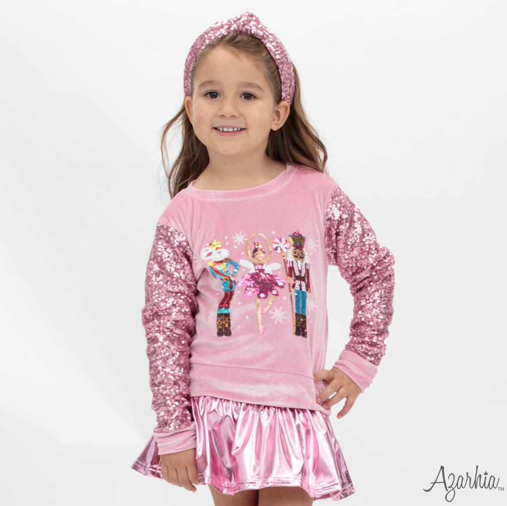 Nutcracker Sequin Sleeve CHRISTMAS on Pink Velvet Sweatshirt shi