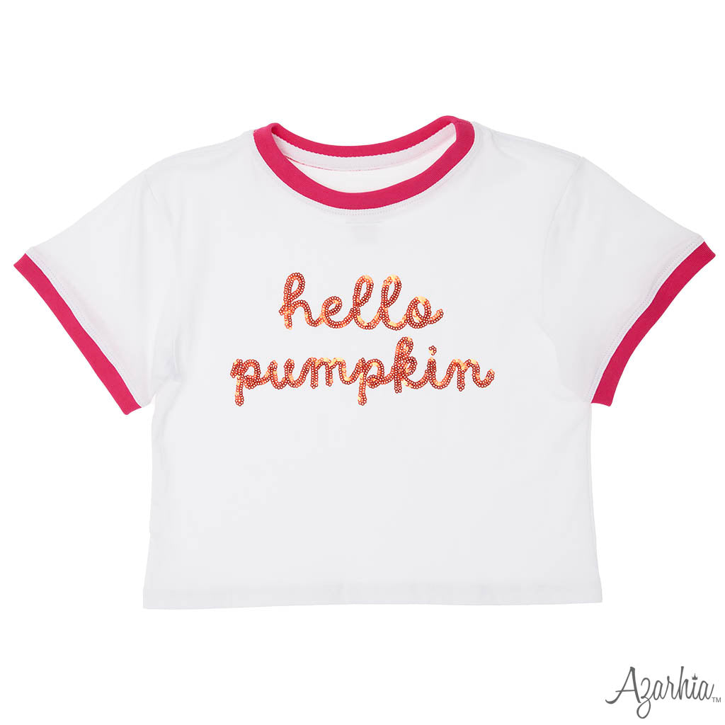 Hello Pumpkin in Tinsel on White Ringer Boxy