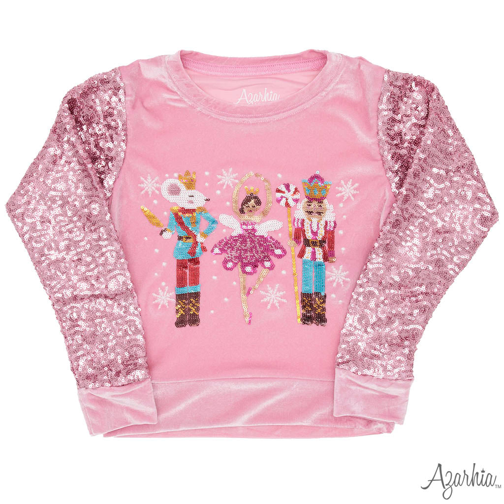 Nutcracker Sequin Sleeve CHRISTMAS on Pink Velvet Sweatshirt shi