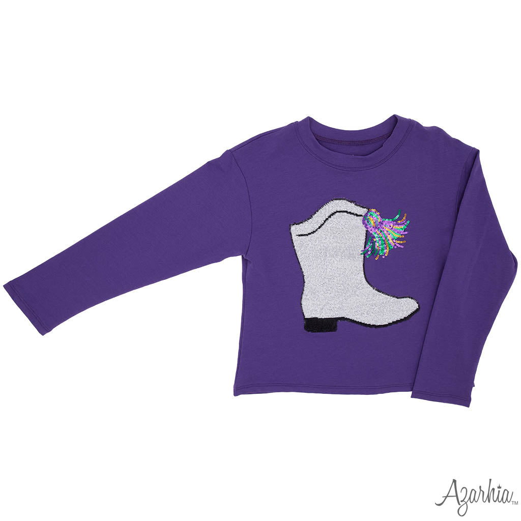 Mardi Gras Sequin Boot on Purple Long Sleeve