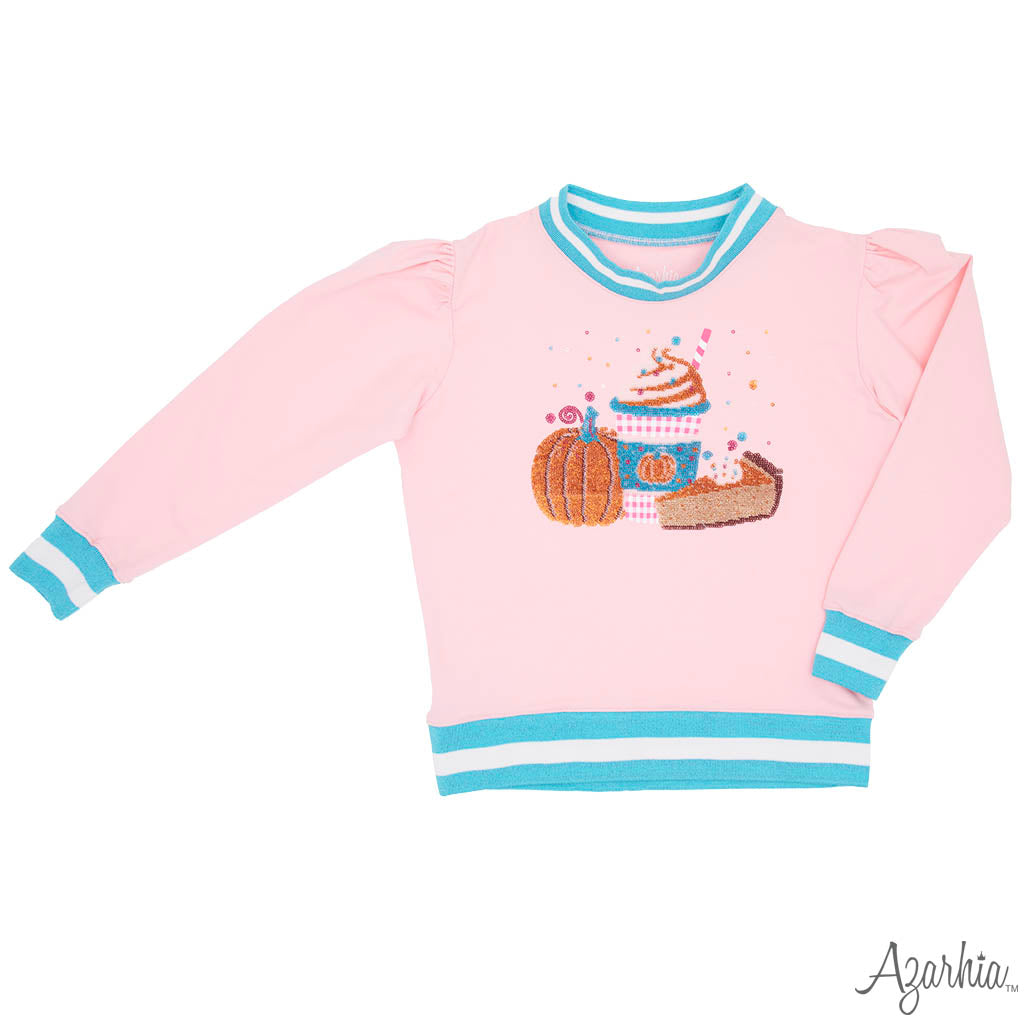 Pumpkin Latte in Sequin on Pink Crew Sweatshirt Holiday25