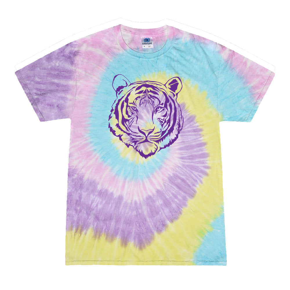 Purple Tiger on Jellybean Tie Dye T-shirt