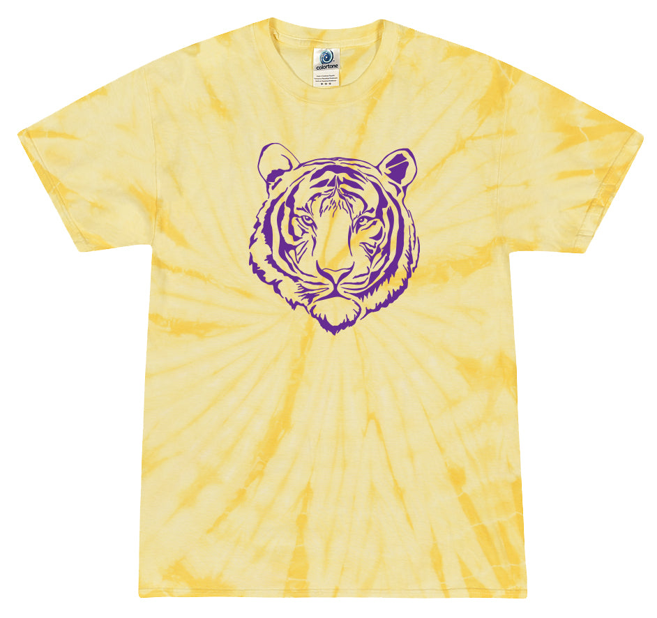 Purple Tiger on Yellow Tie Dye T-shirt