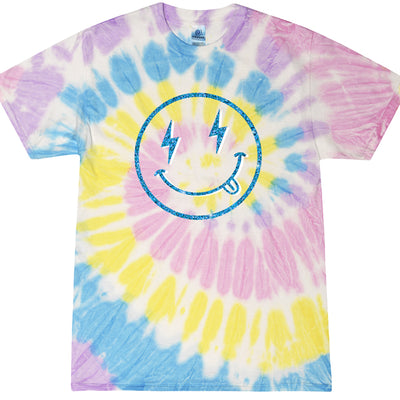 Smiley Face w/Turquoise Glitter T-Shirt in Tie Dye