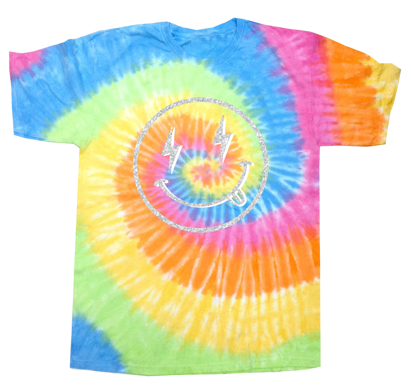 Smiley Face T-Shirt in Tie Dye Eternity with silver glitter