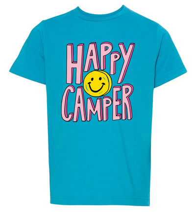 T-shirt in Vintage Turquoise with Happy Camper and Yellow Smiley