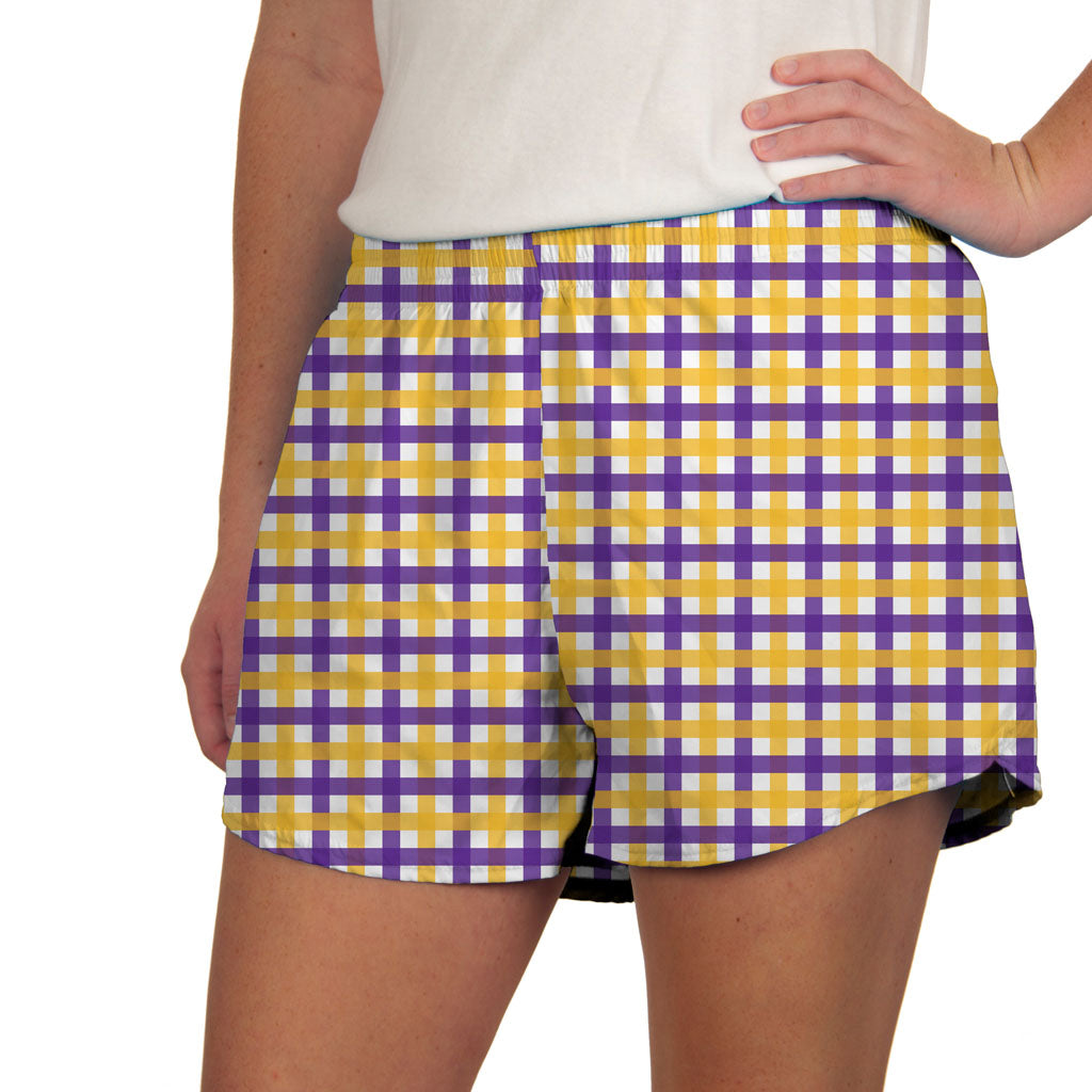 Steph Shorts in Plaid Purple Yellow Tiger