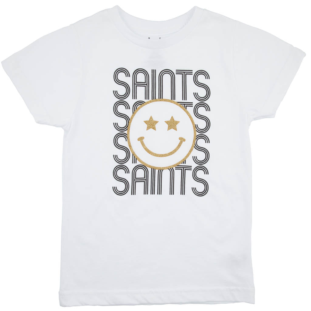 Saints Repeating with Gold Glitter Smiley face on White Classic
