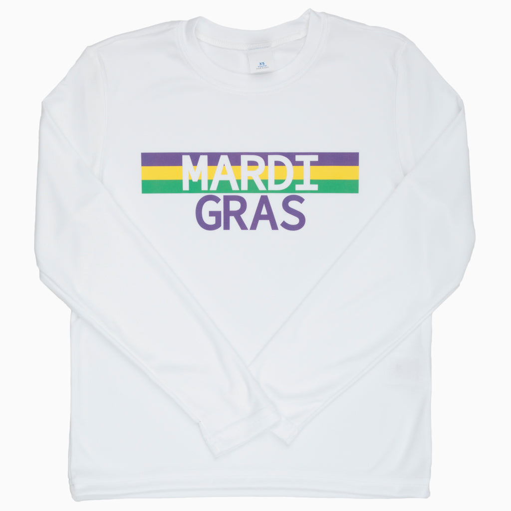 Mardi Gras written out Unisex on Long Sleeve White Dri-Fit