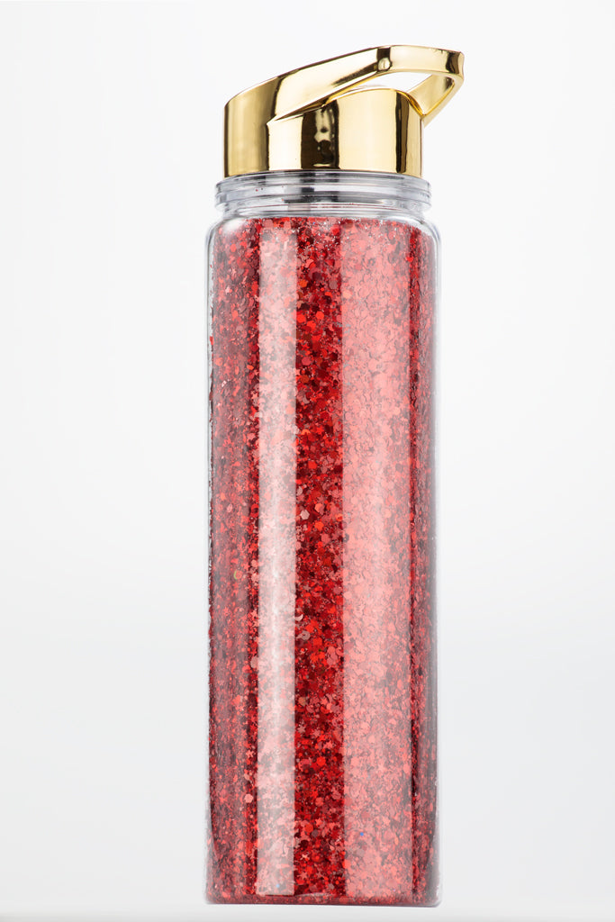 Red Glitter Water Bottle with flip straw gold top