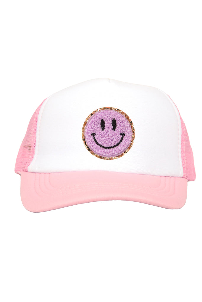 Lavender Smiley Chenille Patch on Pink Youth Trucker Cap