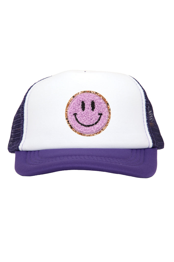 Lavender Smiley Chenille Patch on Purple Youth Trucker Cap