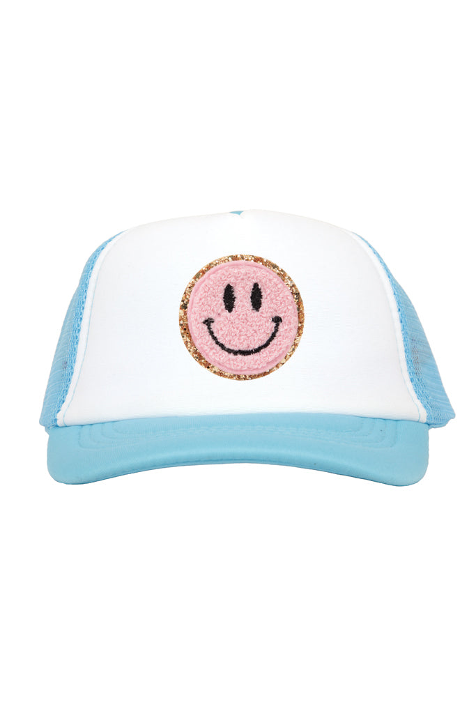 Pink Smiley Chenille Patch on Light Blue Youth Trucker Cap