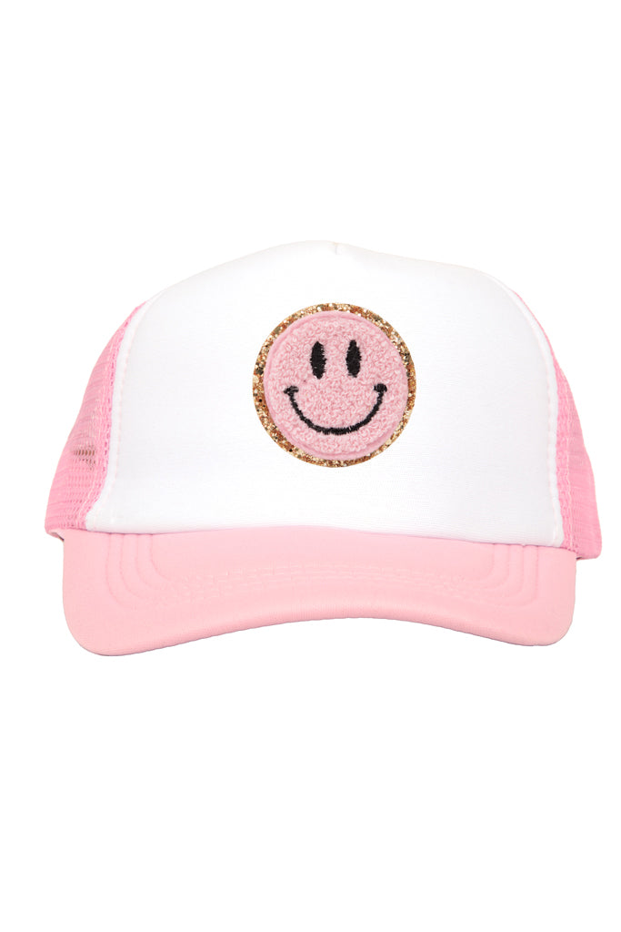 Pink Smiley Chenille Patch on Pink Youth Trucker Cap