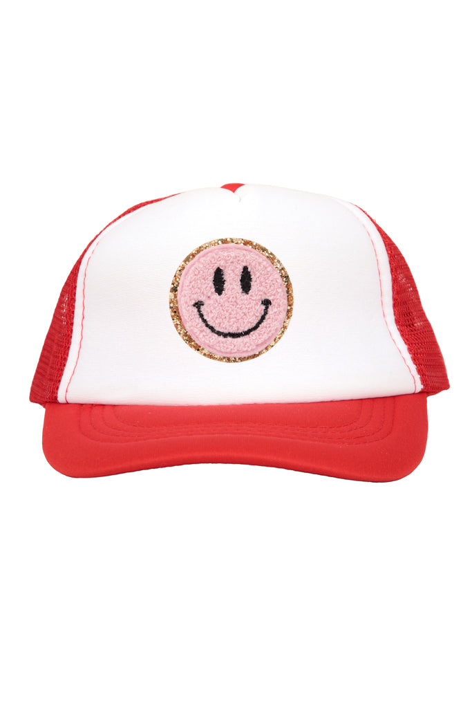 Pink Smiley Chenille Patch on Red Youth Trucker Cap