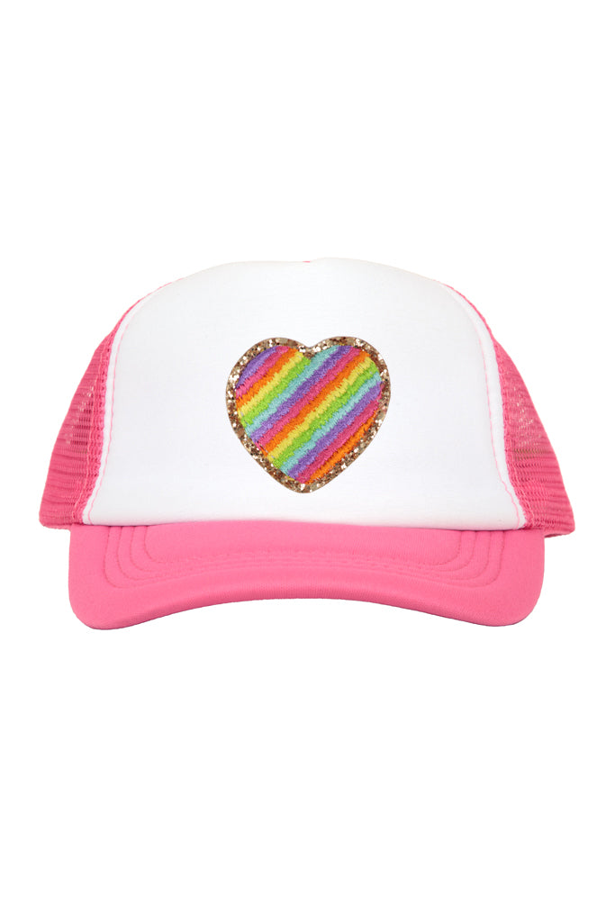 Rainbow Heart Patch on Hot Pink Youth Trucker Cap
