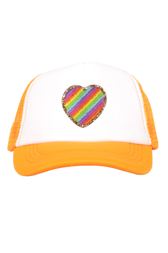 Rainbow Heart Patch on Orange Youth Trucker Cap