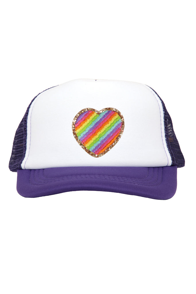 Rainbow Heart Patch on Purple Youth Trucker Cap