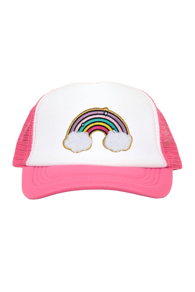 Rainbow Chenille Patch on Hot Pink Youth Trucker Cap