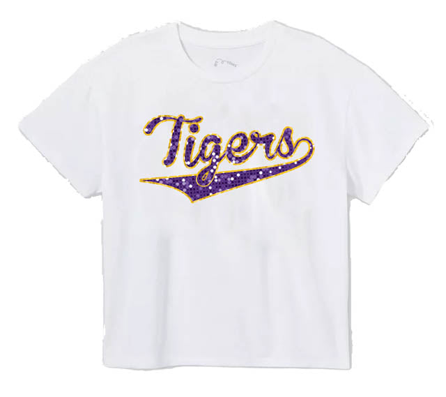 Sequin Tigers Baseball in Purple and Gold Boxy T’