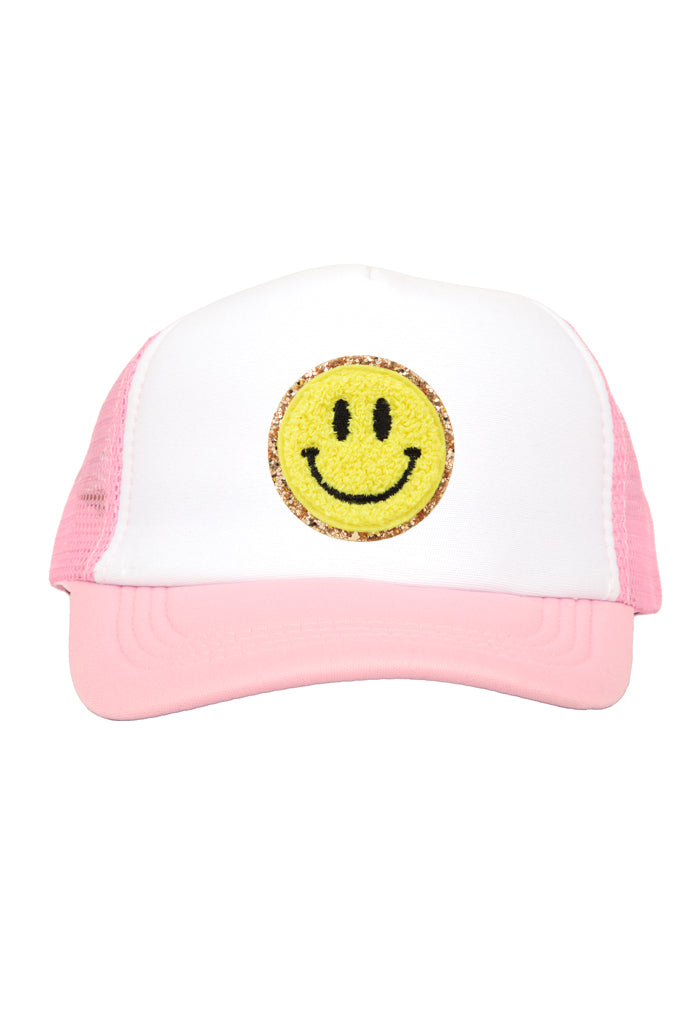 Yellow Smiley Chenille Patch on Pink Youth Trucker Cap
