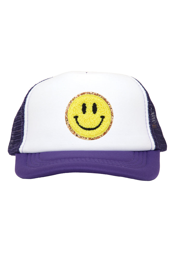 Yellow Smiley Chenille Patch on Purple Youth Trucker Cap