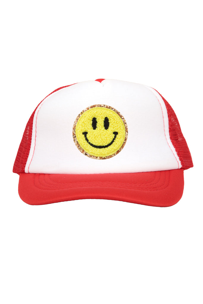 Yellow Smiley Chenille Patch on Red Youth Trucker Cap