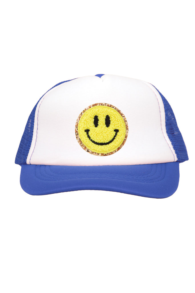 Yellow Smiley Chenille Patch on Royal Youth Trucker Cap